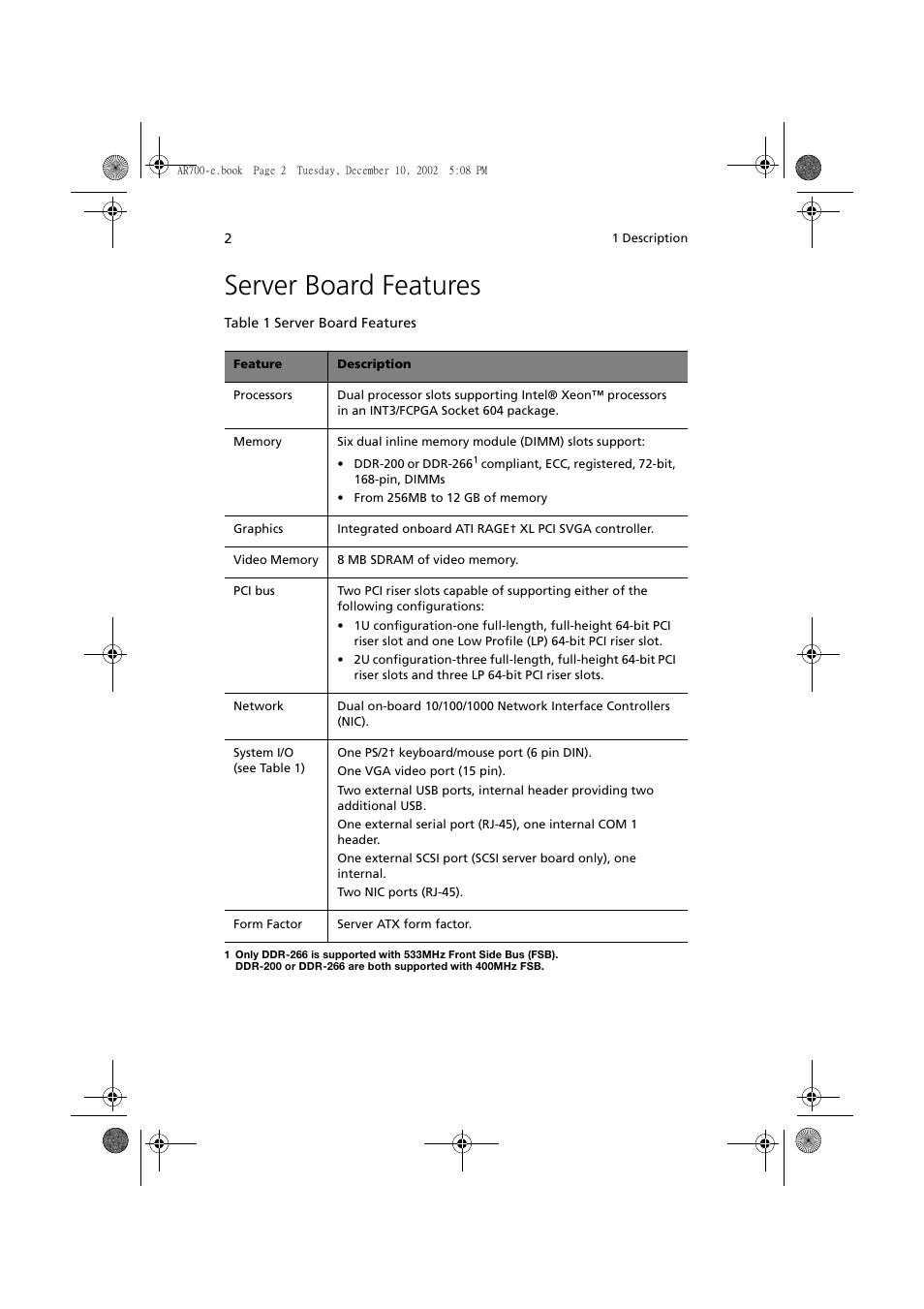 Server board features | Acer Altos R701 User Manual | Page 12 / 135