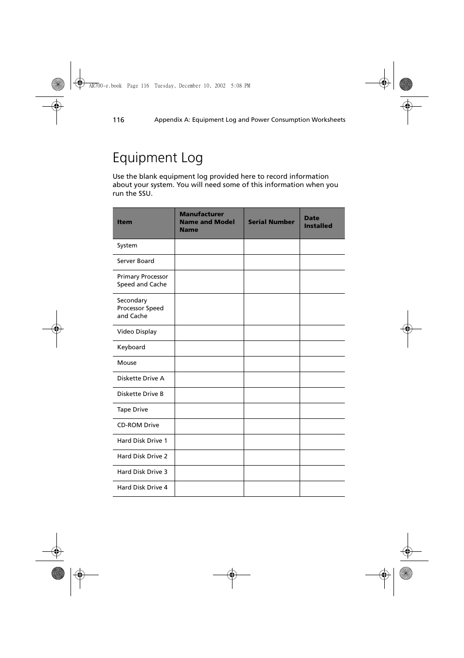 Equipment log | Acer Altos R701 User Manual | Page 126 / 135