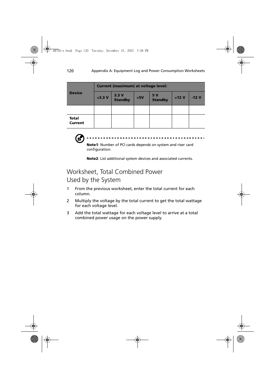 Worksheet, total combined power used by the system | Acer Altos R701 User Manual | Page 130 / 135