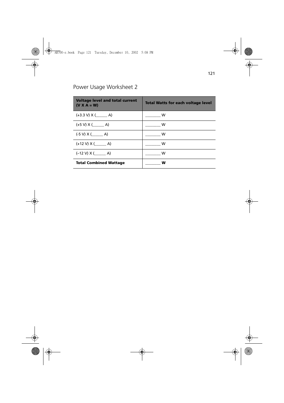 Power usage worksheet 2 | Acer Altos R701 User Manual | Page 131 / 135