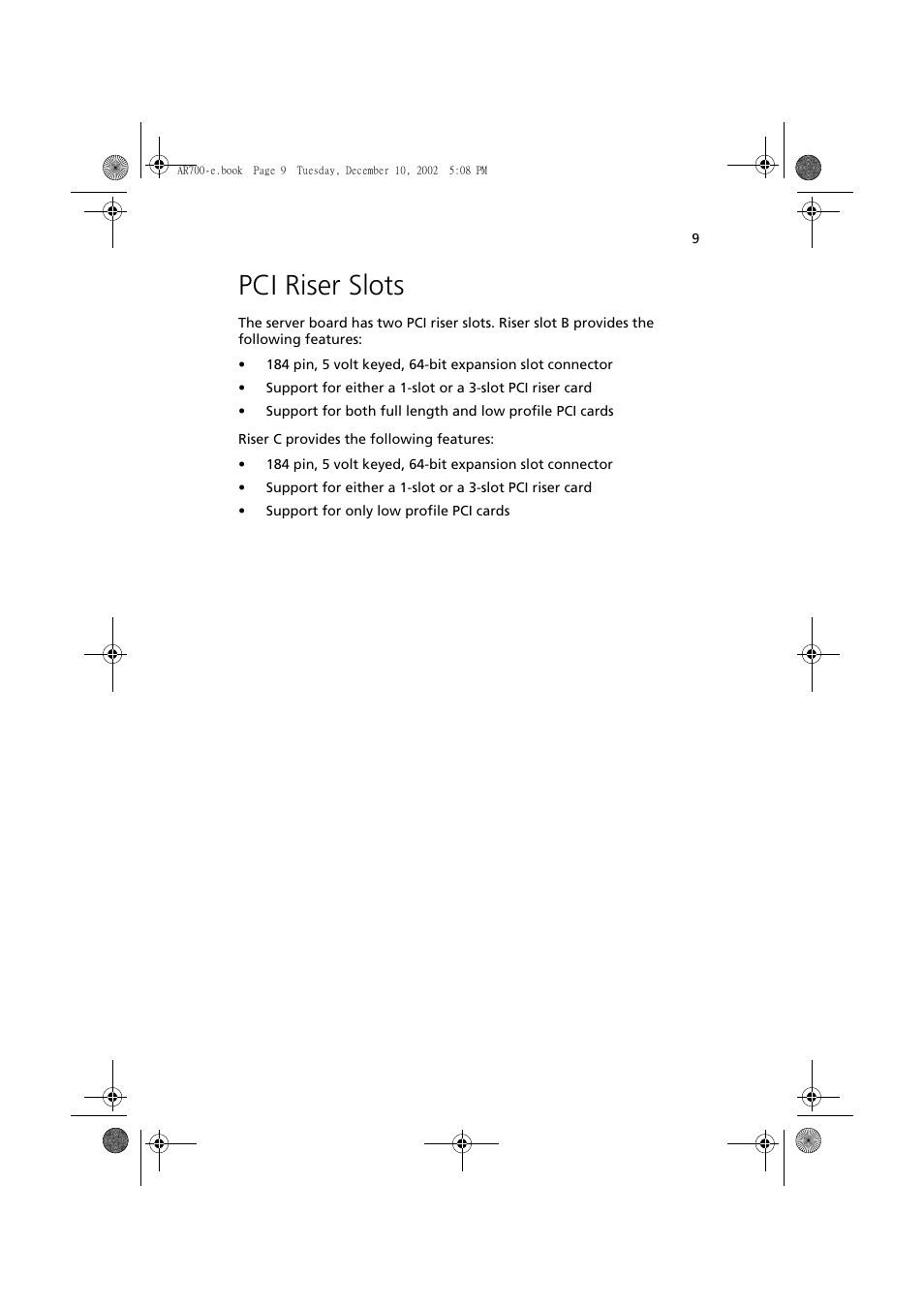 Pci riser slots | Acer Altos R701 User Manual | Page 19 / 135