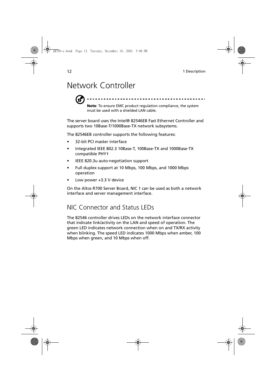 Network controller, Nic connector and status leds | Acer Altos R701 User Manual | Page 22 / 135