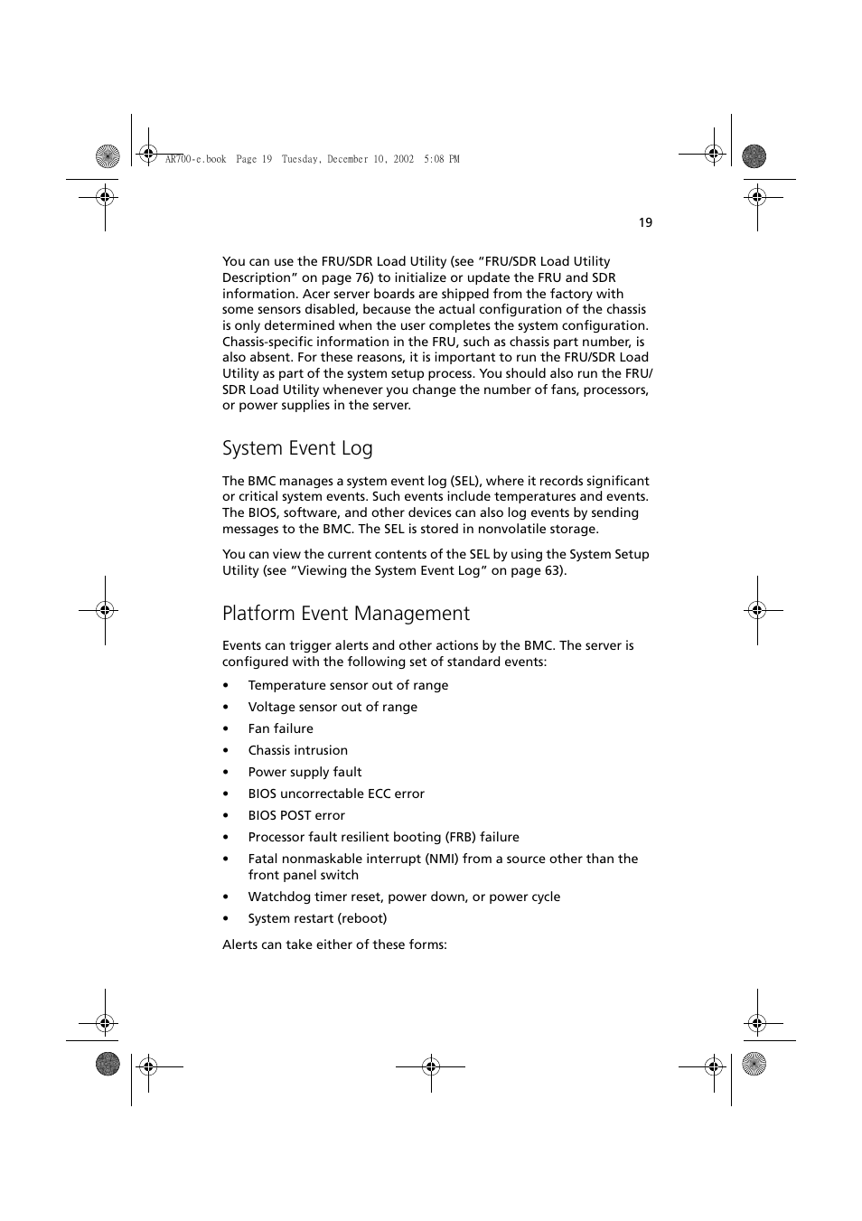 System event log, Platform event management | Acer Altos R701 User Manual | Page 29 / 135