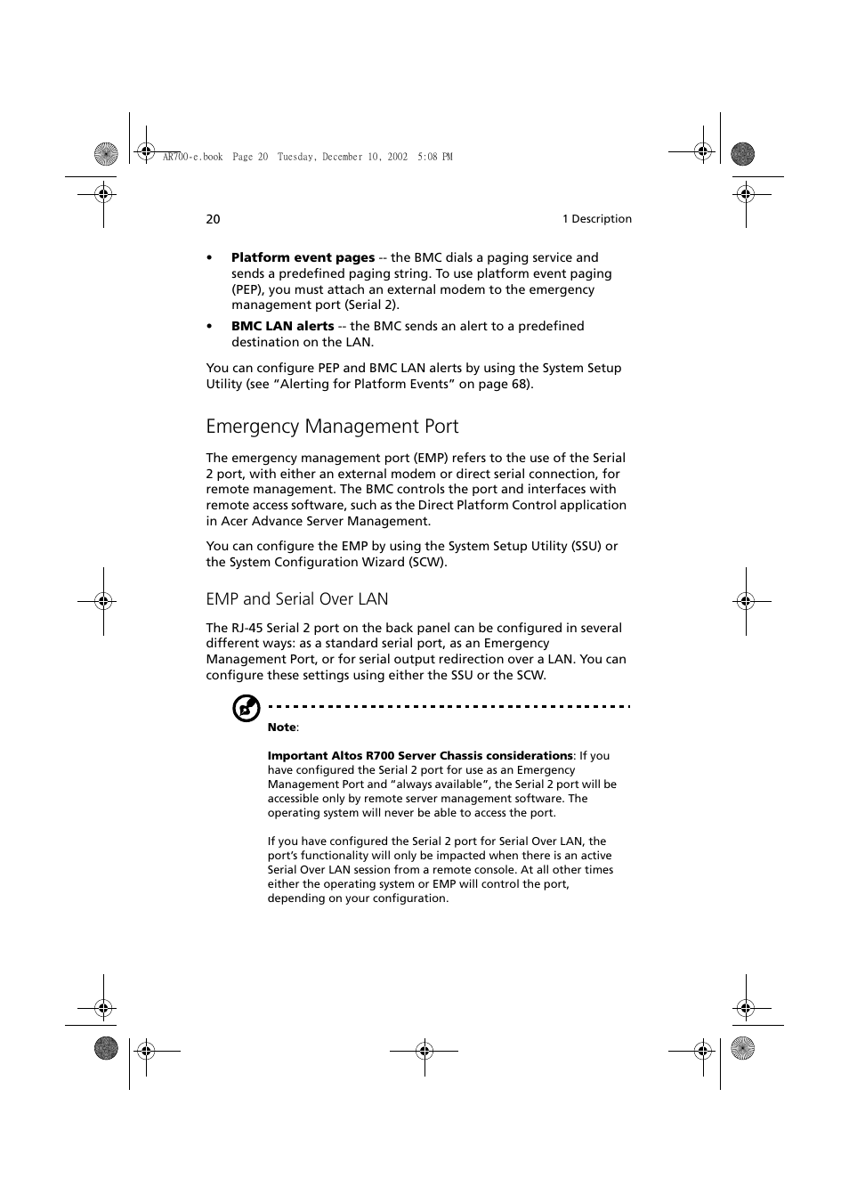 Emergency management port, Emp and serial over lan | Acer Altos R701 User Manual | Page 30 / 135