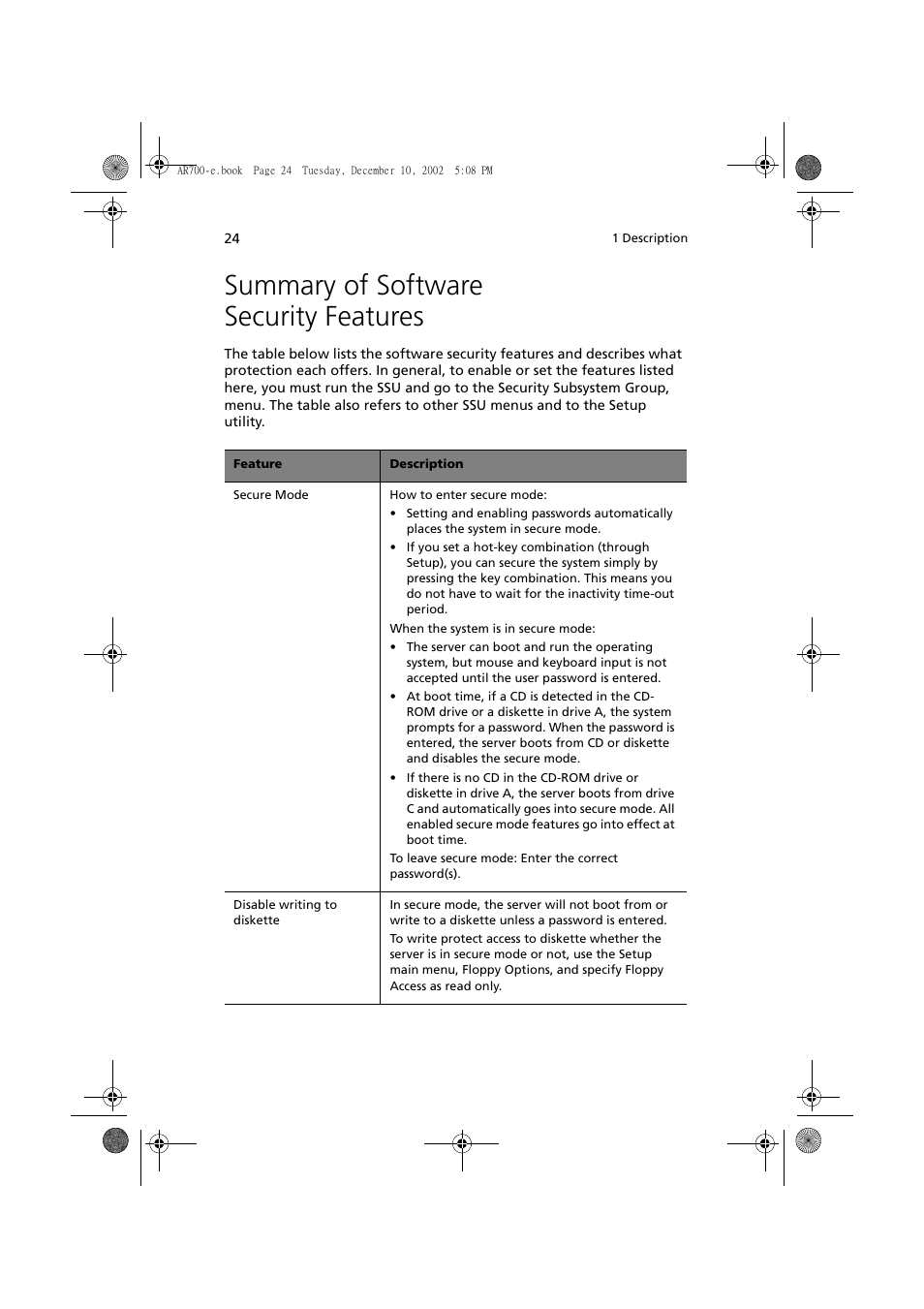 Summary of software security features | Acer Altos R701 User Manual | Page 34 / 135