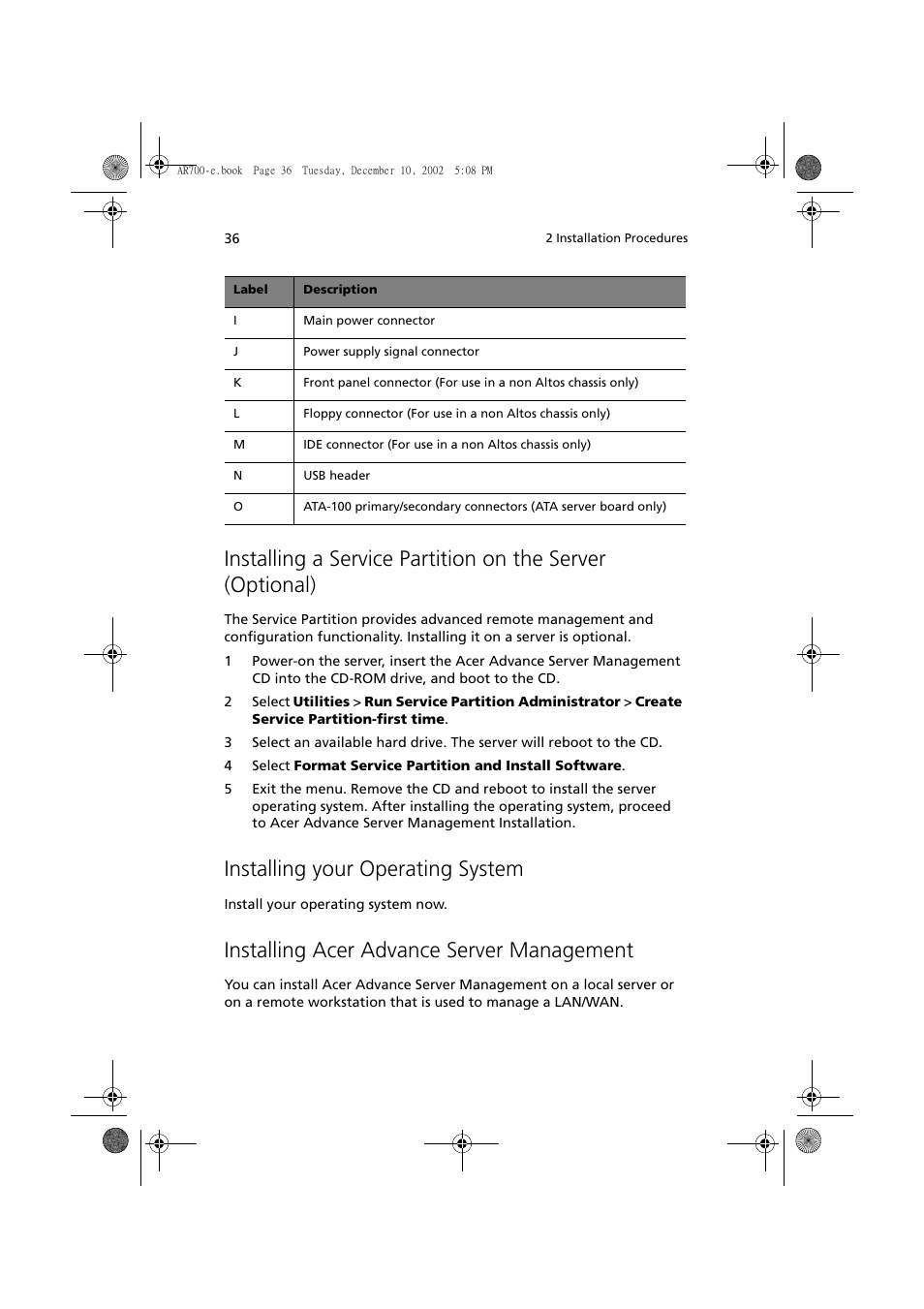 Installing your operating system, Installing acer advance server management | Acer Altos R701 User Manual | Page 46 / 135