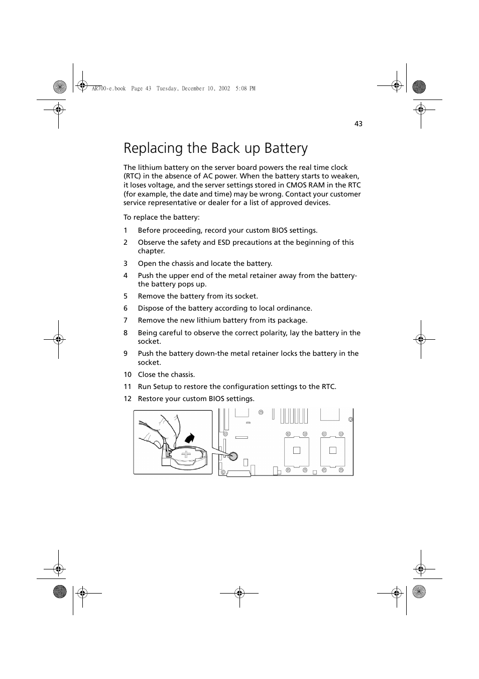 Replacing the back up battery | Acer Altos R701 User Manual | Page 53 / 135