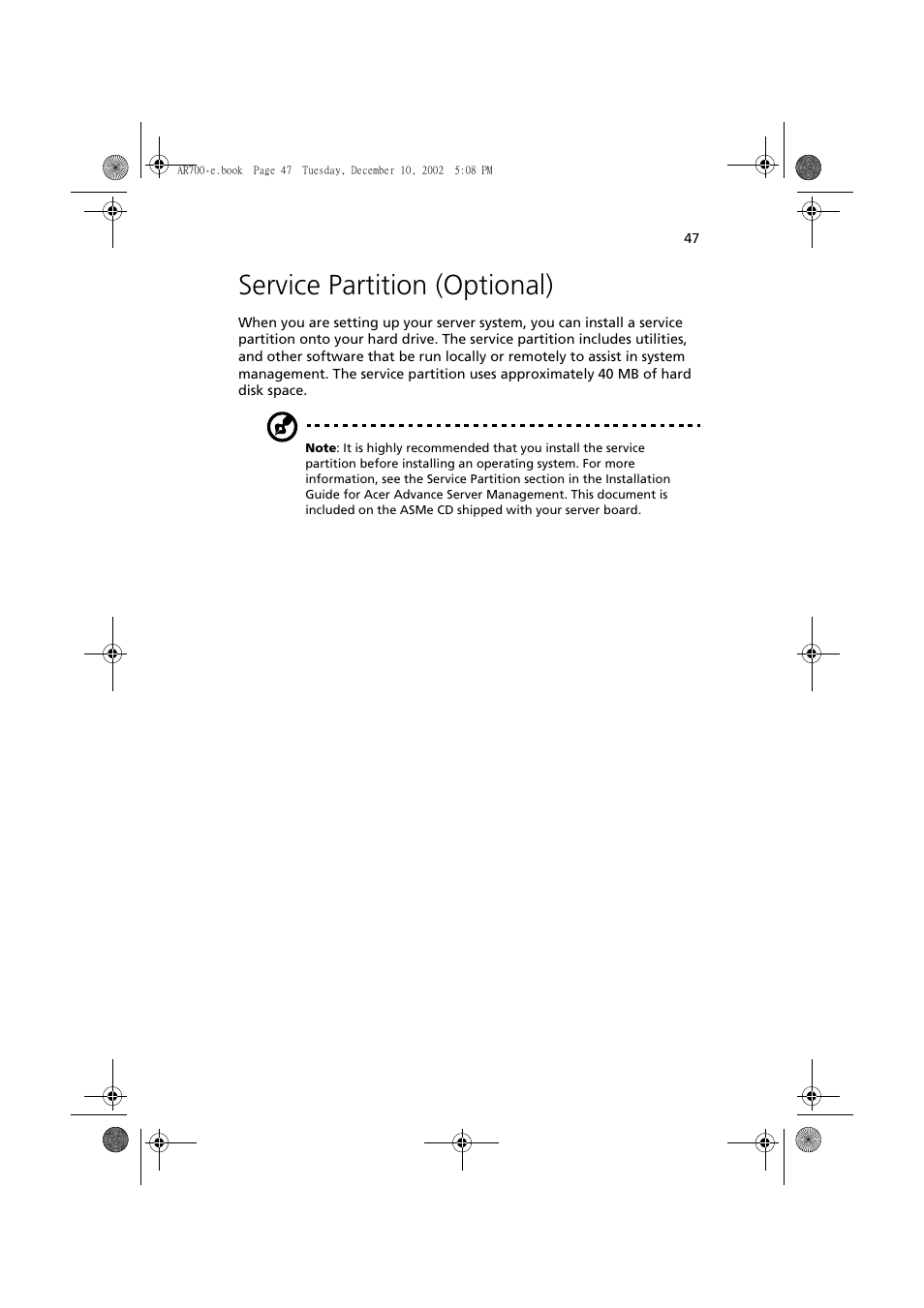 Service partition (optional) | Acer Altos R701 User Manual | Page 57 / 135