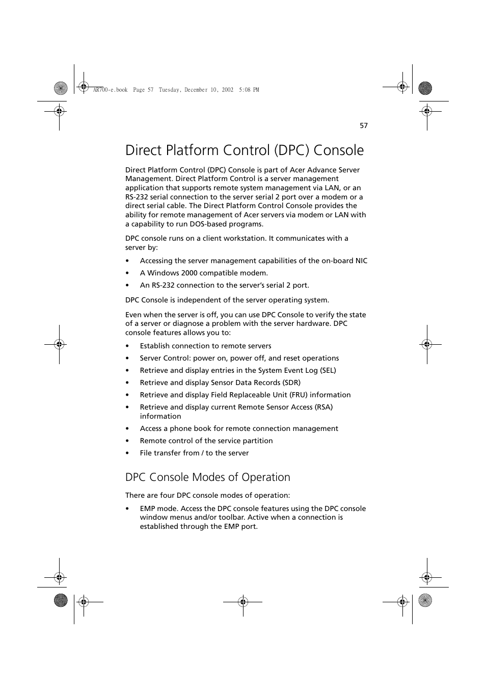 Direct platform control (dpc) console, Dpc console modes of operation | Acer Altos R701 User Manual | Page 67 / 135