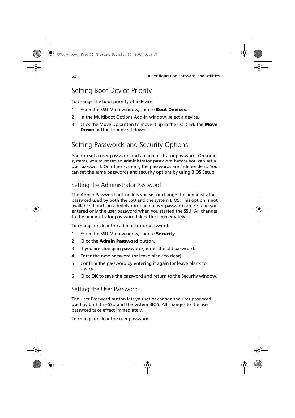 Setting boot device priority, Setting passwords and security options, Setting the administrator password | Setting the user password | Acer Altos R701 User Manual | Page 72 / 135