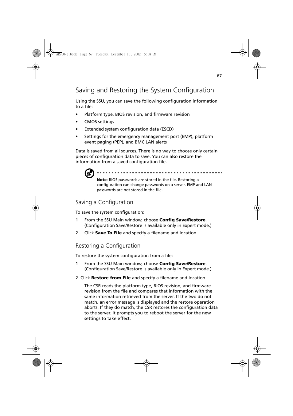 Saving and restoring the system configuration, Saving a configuration, Restoring a configuration | Acer Altos R701 User Manual | Page 77 / 135