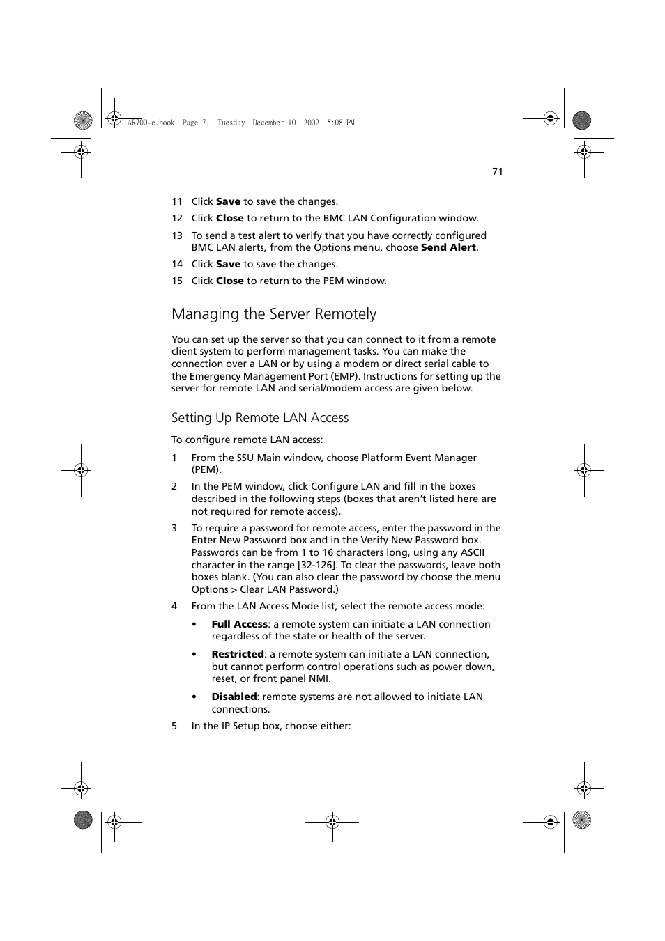 Managing the server remotely, Setting up remote lan access | Acer Altos R701 User Manual | Page 81 / 135