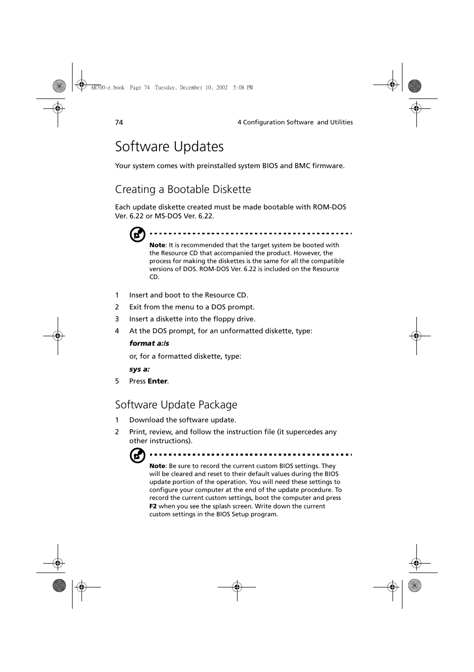 Software updates, Creating a bootable diskette, Software update package | Acer Altos R701 User Manual | Page 84 / 135