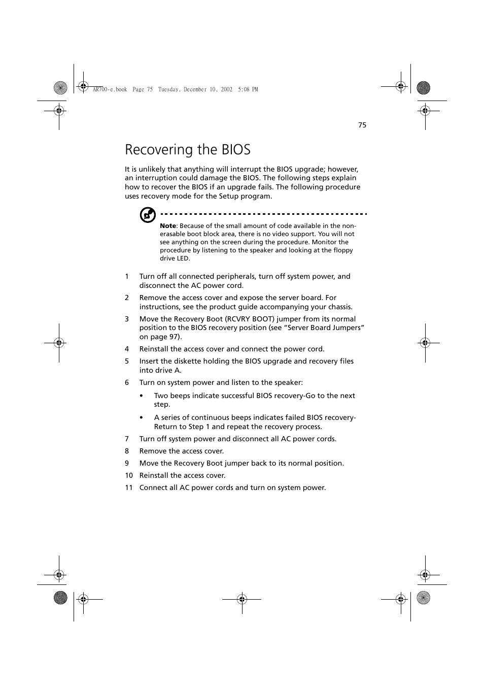 Recovering the bios | Acer Altos R701 User Manual | Page 85 / 135