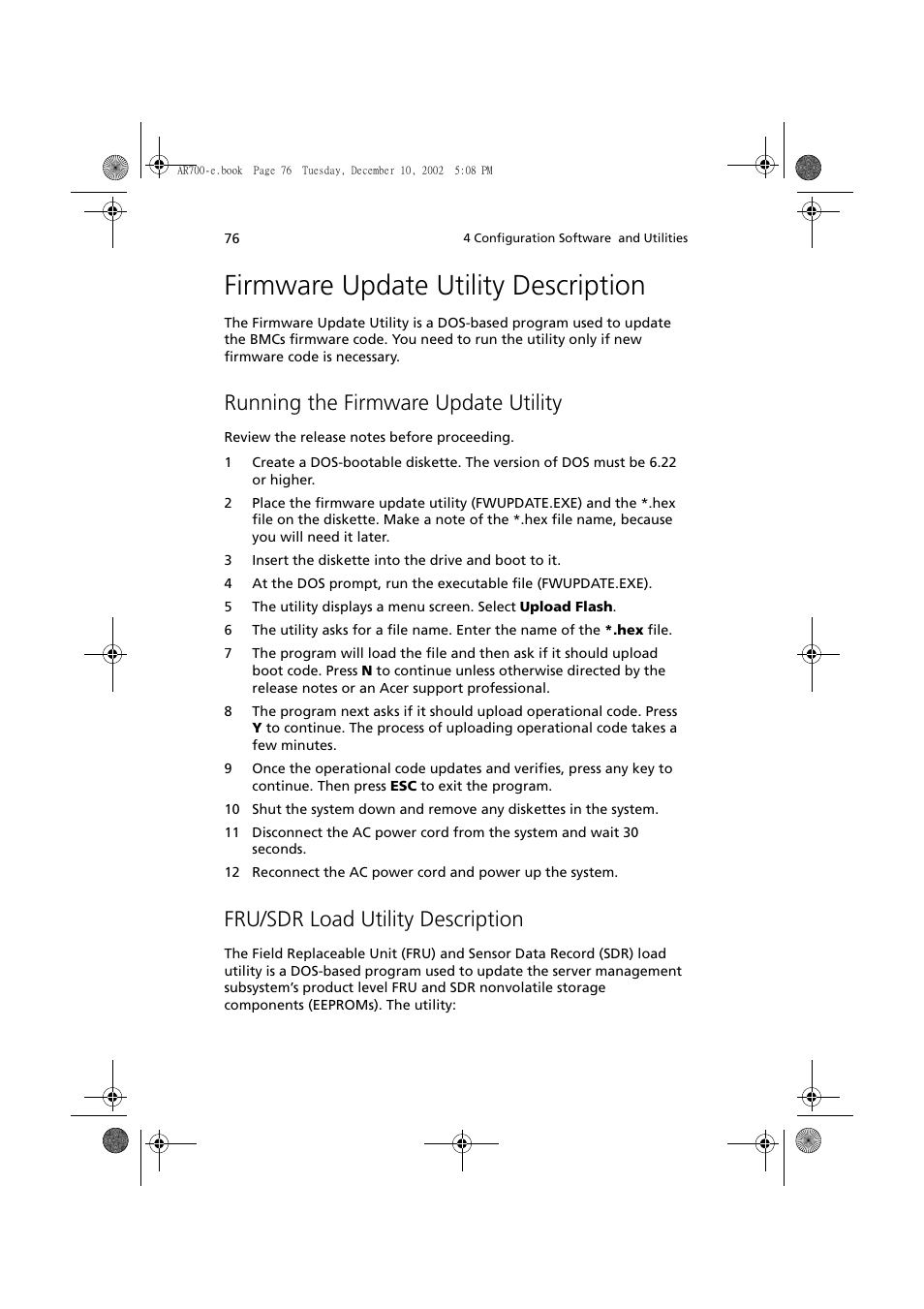 Firmware update utility description, Running the firmware update utility, Fru/sdr load utility description | Acer Altos R701 User Manual | Page 86 / 135