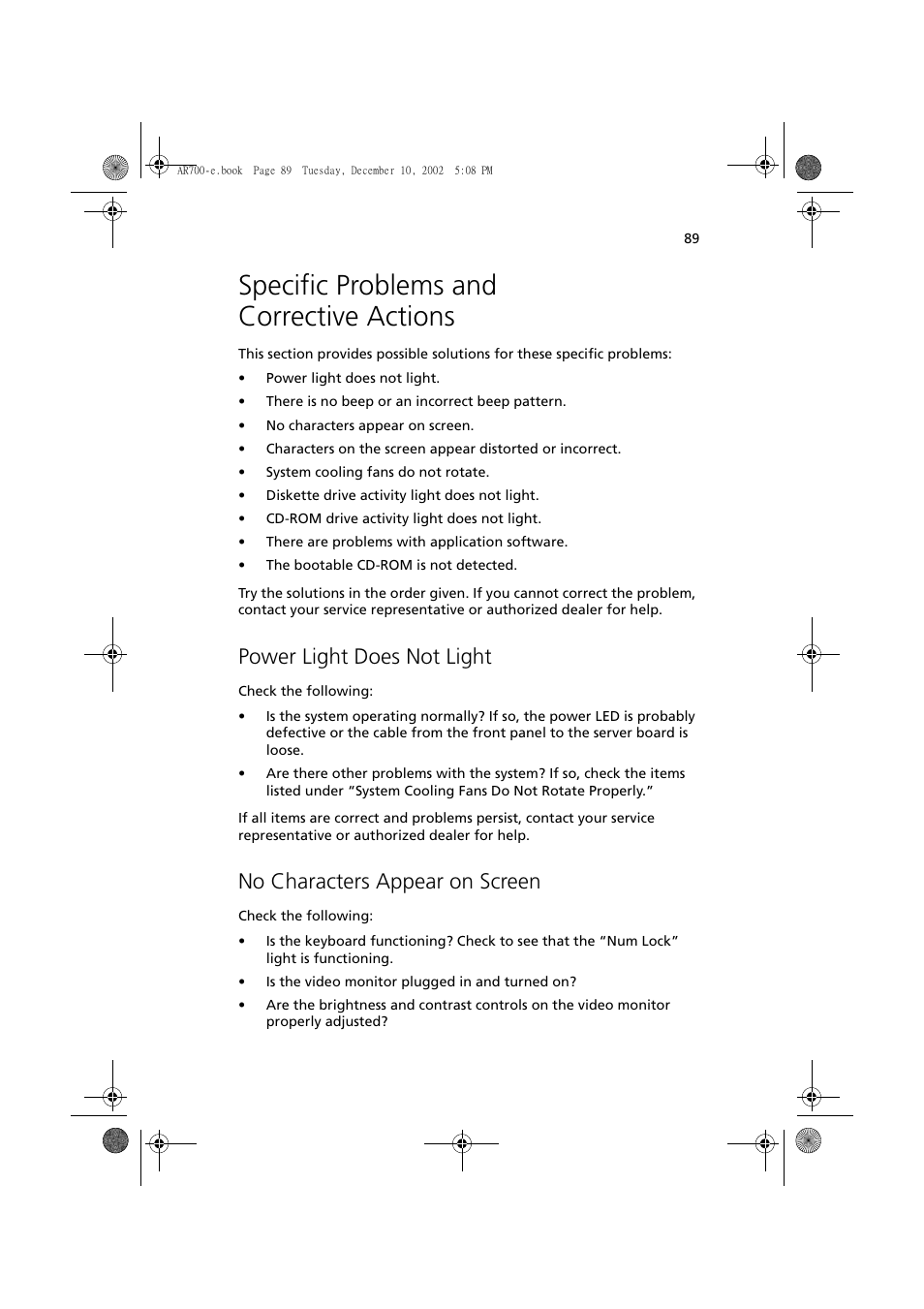 Specific problems and corrective actions, Power light does not light, No characters appear on screen | Acer Altos R701 User Manual | Page 99 / 135