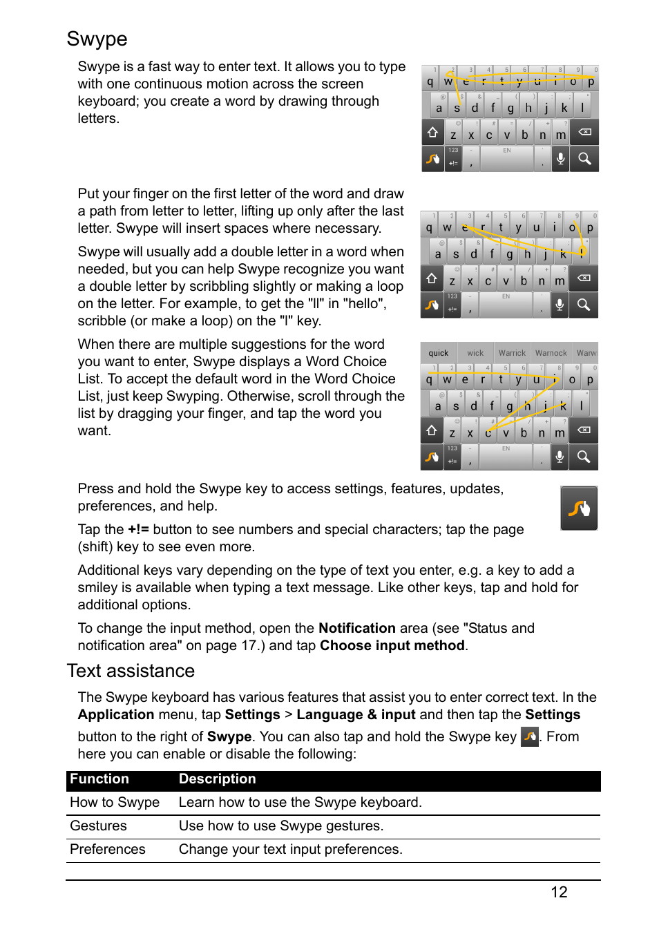 Swype, Text assistance | Acer S510 User Manual | Page 12 / 69