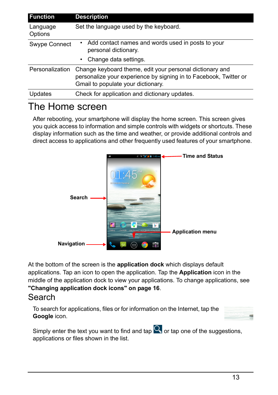 The home screen, Search | Acer S510 User Manual | Page 13 / 69