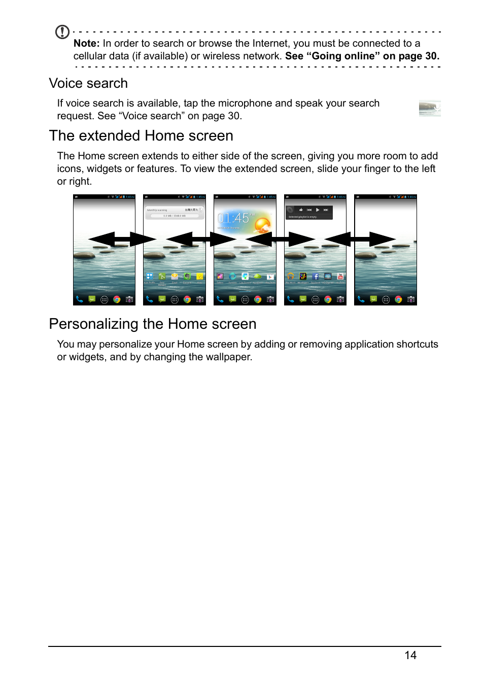The extended home screen, Personalizing the home screen, Voice search | Acer S510 User Manual | Page 14 / 69