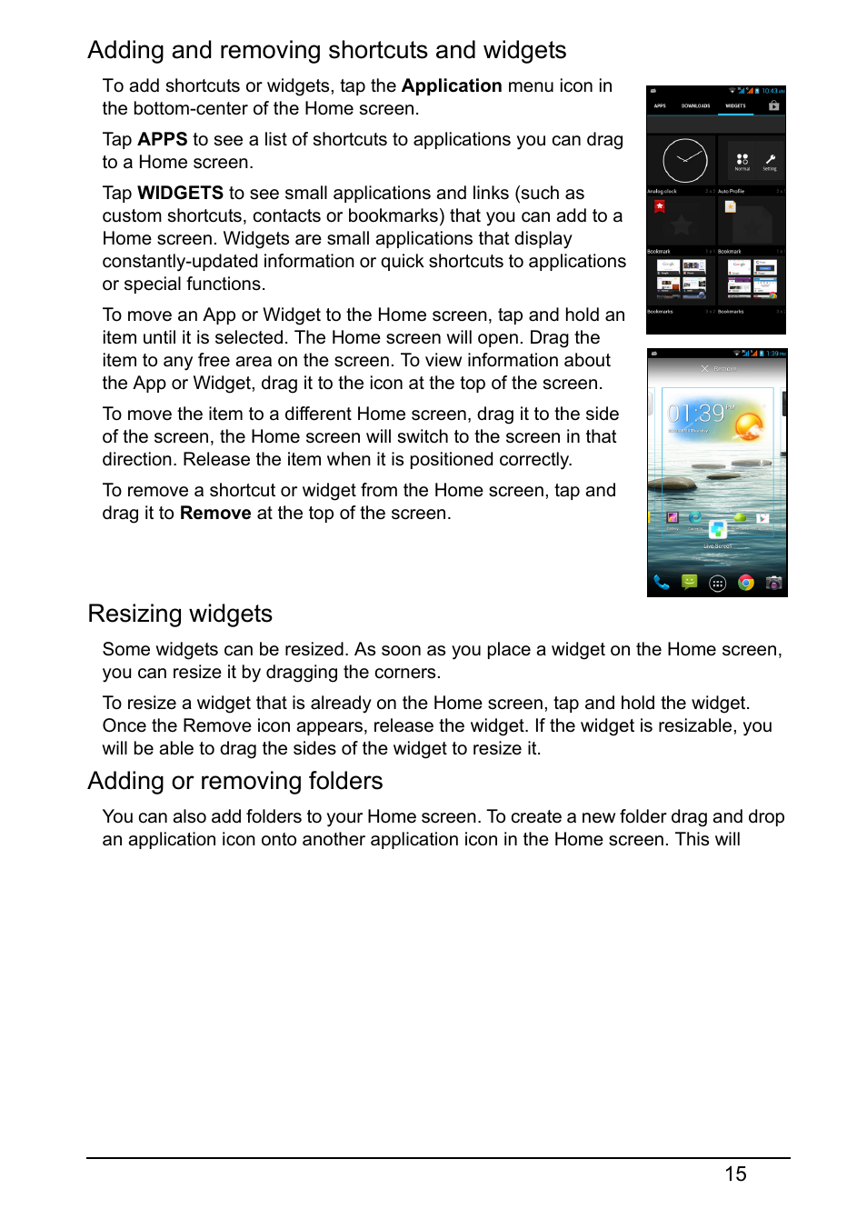 Adding and removing shortcuts and widgets, Resizing widgets, Adding or removing folders | Acer S510 User Manual | Page 15 / 69