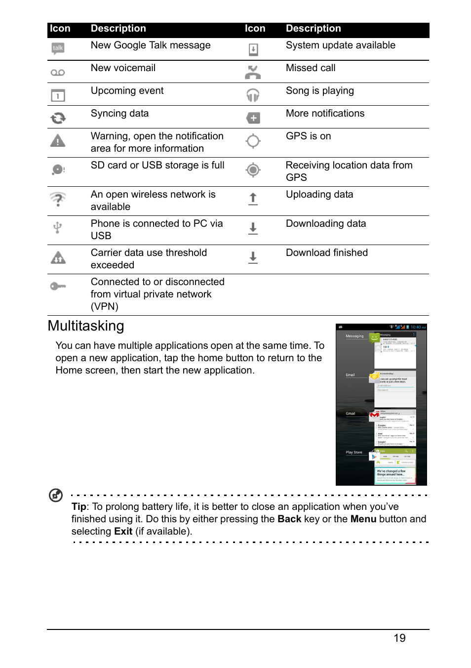 Multitasking | Acer S510 User Manual | Page 19 / 69