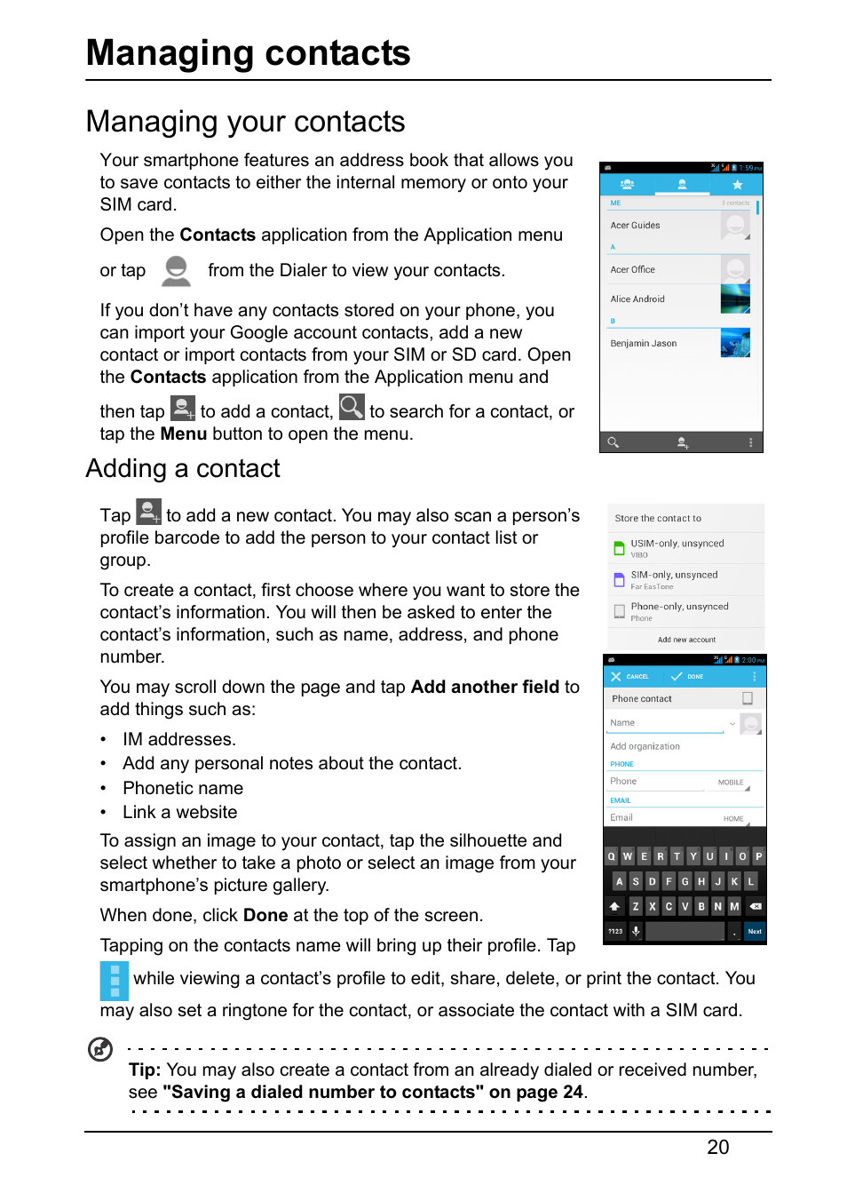 Managing contacts, Managing your contacts, Adding a contact | Acer S510 User Manual | Page 20 / 69