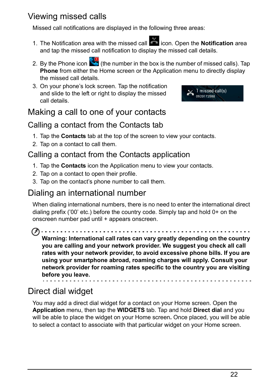 Viewing missed calls, Making a call to one of your contacts, Dialing an international number | Direct dial widget, Calling a contact from the contacts tab, Calling a contact from the contacts application | Acer S510 User Manual | Page 22 / 69