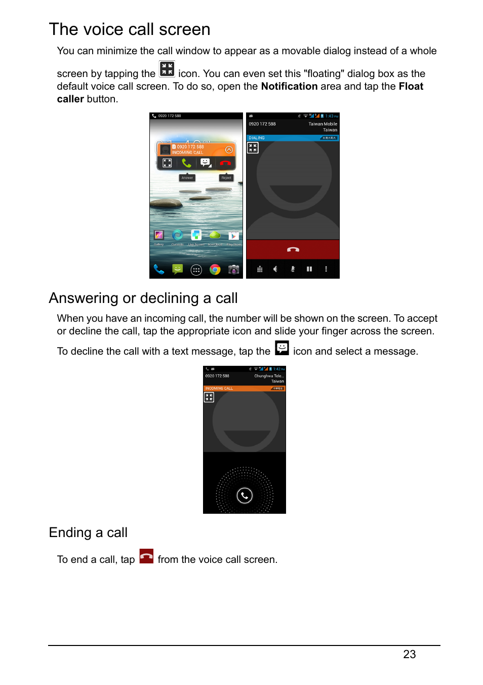 The voice call screen, Answering or declining a call, Ending a call | Acer S510 User Manual | Page 23 / 69