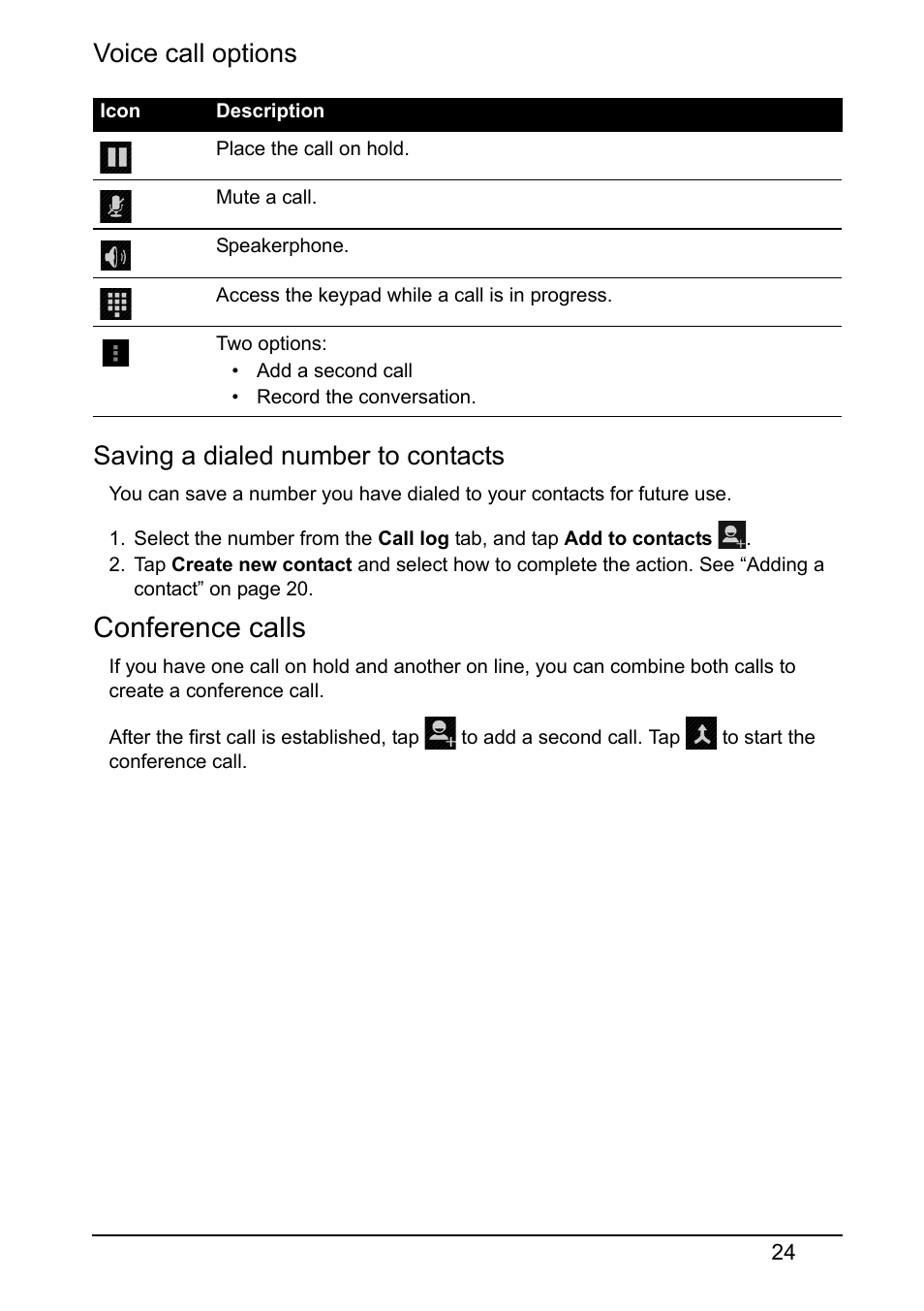 Conference calls, Voice call options, Saving a dialed number to contacts | Acer S510 User Manual | Page 24 / 69