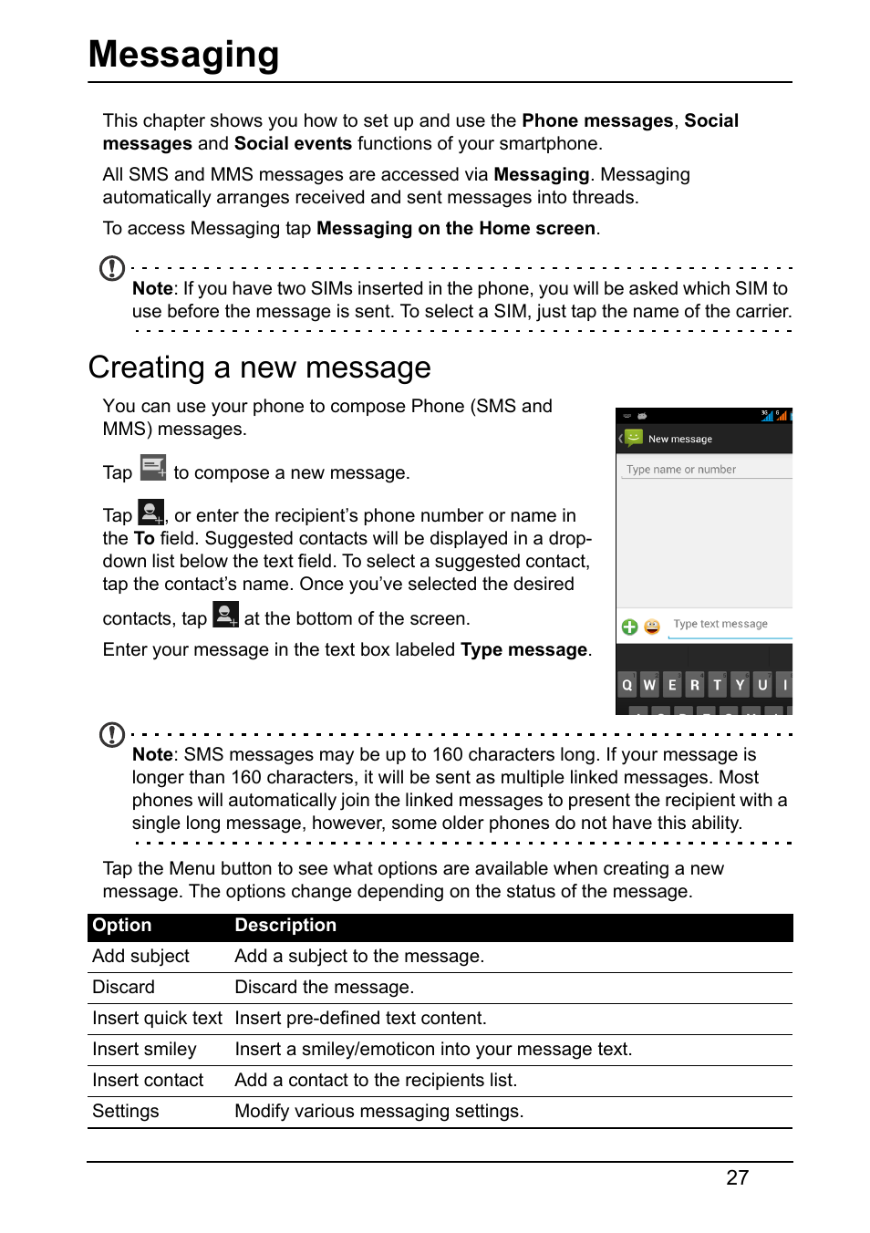 Messaging, Creating a new message | Acer S510 User Manual | Page 27 / 69