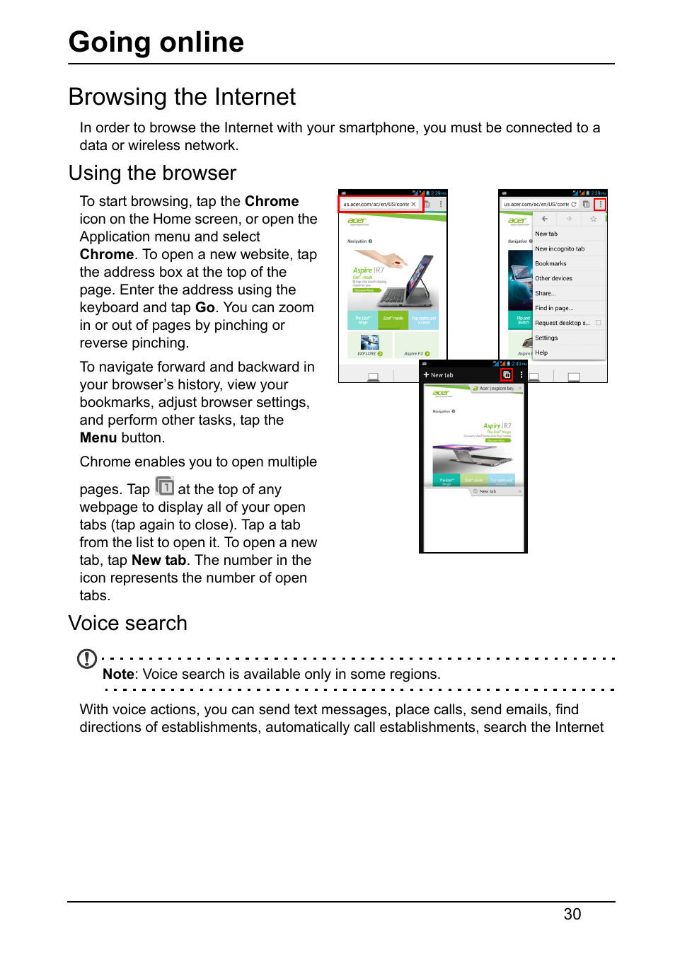 Going online, Browsing the internet, Using the browser | Voice search | Acer S510 User Manual | Page 30 / 69