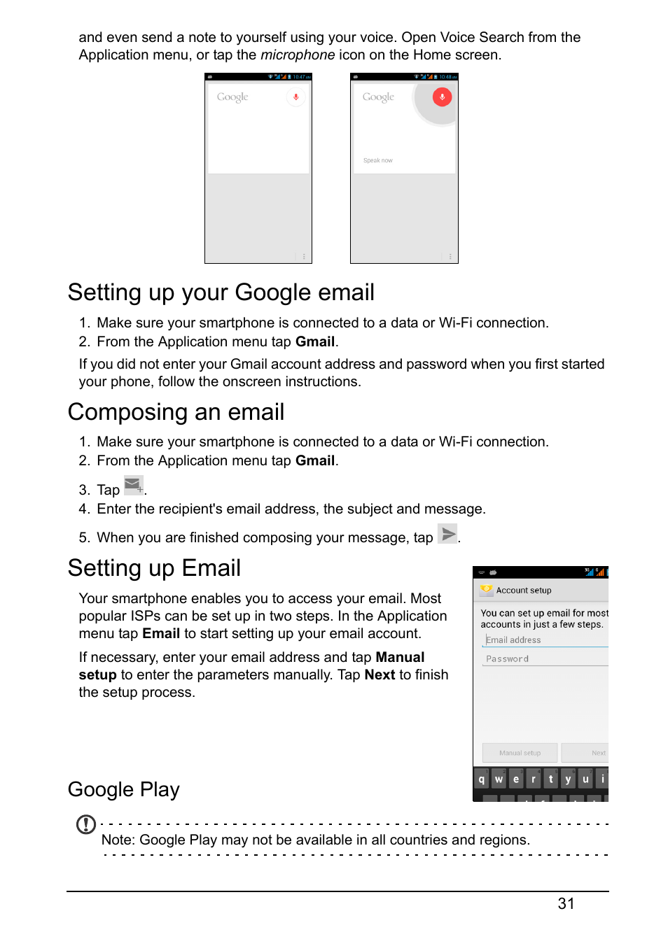 Setting up your google email, Composing an email, Setting up email | Google play | Acer S510 User Manual | Page 31 / 69