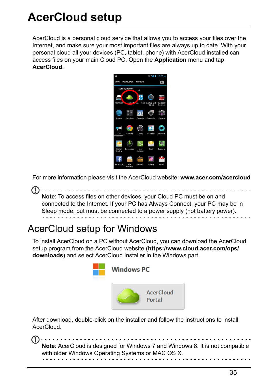 Acercloud setup, Acercloud setup for windows | Acer S510 User Manual | Page 35 / 69