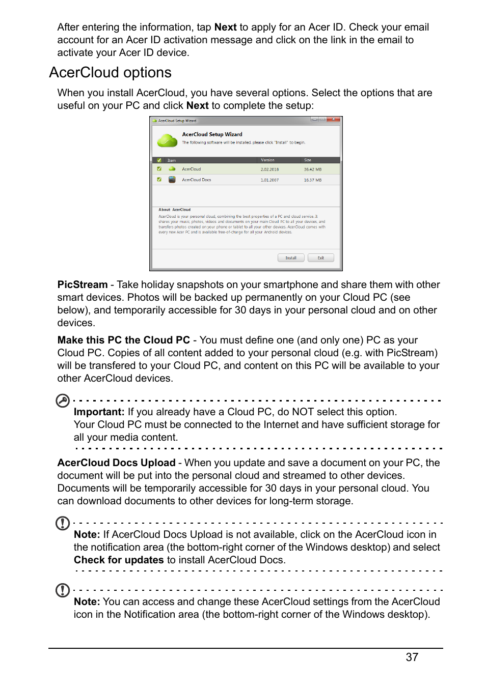 Acercloud options | Acer S510 User Manual | Page 37 / 69