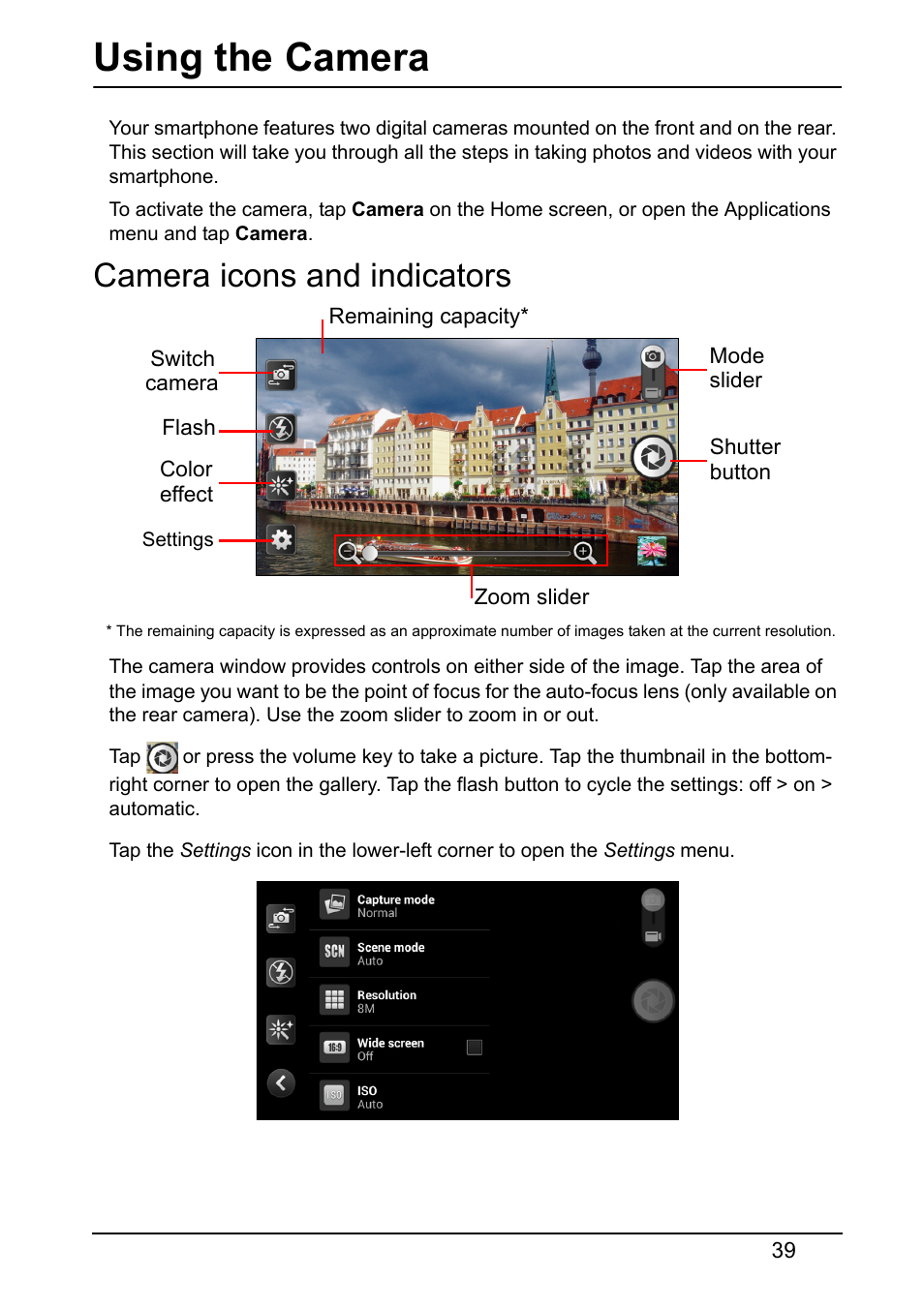 Using the camera, Camera icons and indicators | Acer S510 User Manual | Page 39 / 69