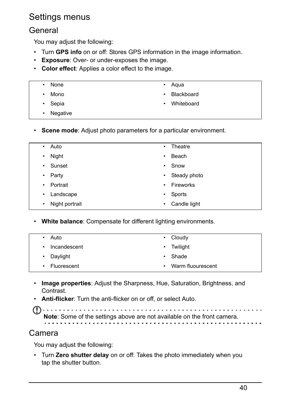 Settings menus, General, Camera | Acer S510 User Manual | Page 40 / 69