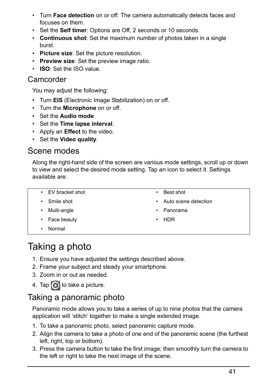 Scene modes, Taking a photo, Taking a panoramic photo | Camcorder | Acer S510 User Manual | Page 41 / 69