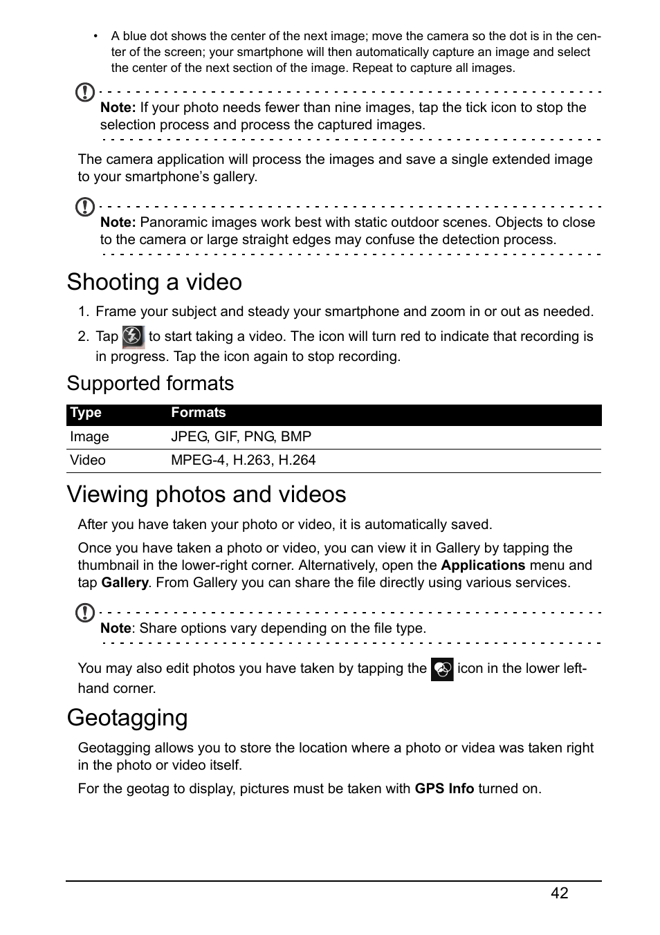 Shooting a video, Supported formats, Viewing photos and videos | Geotagging | Acer S510 User Manual | Page 42 / 69