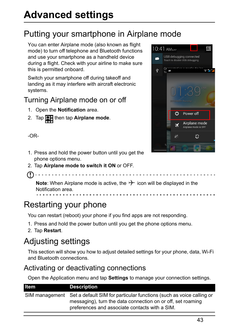 Advanced settings, Putting your smartphone in airplane mode, Turning airplane mode on or off | Restarting your phone, Adjusting settings, Activating or deactivating connections | Acer S510 User Manual | Page 43 / 69