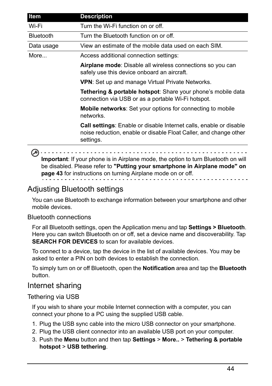 Adjusting bluetooth settings, Internet sharing | Acer S510 User Manual | Page 44 / 69