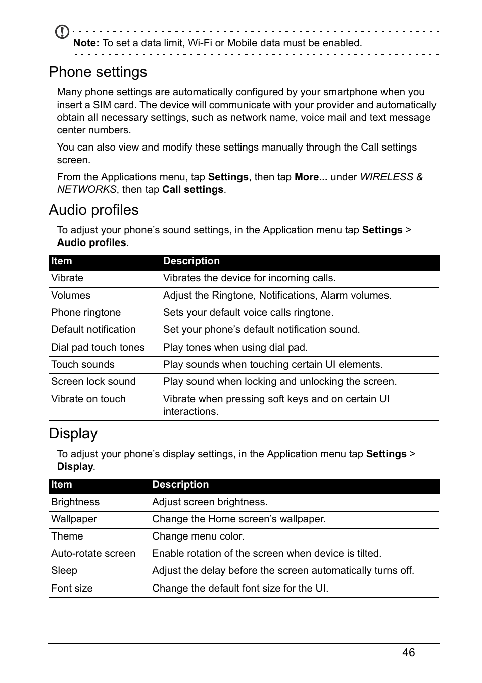 Phone settings, Audio profiles, Display | Acer S510 User Manual | Page 46 / 69