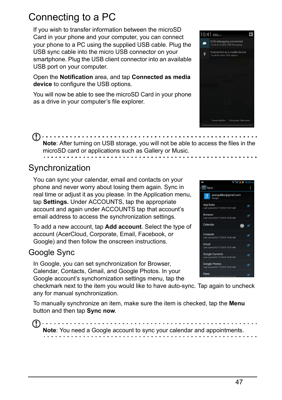 Connecting to a pc, Synchronization, Google sync | Acer S510 User Manual | Page 47 / 69