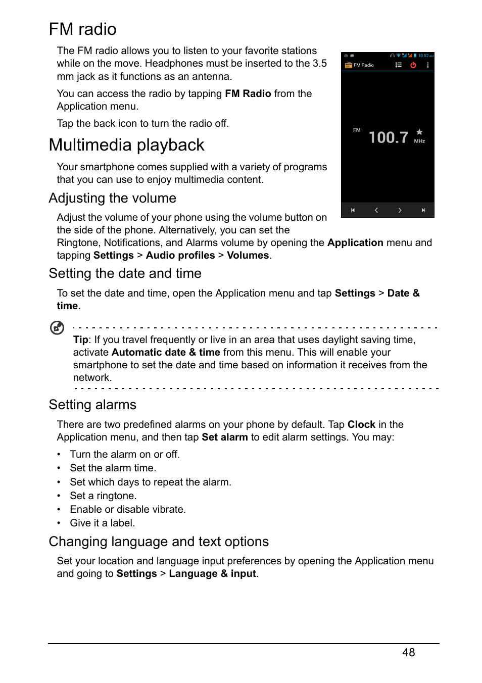 Fm radio, Multimedia playback, Fm radio multimedia playback | Acer S510 User Manual | Page 48 / 69