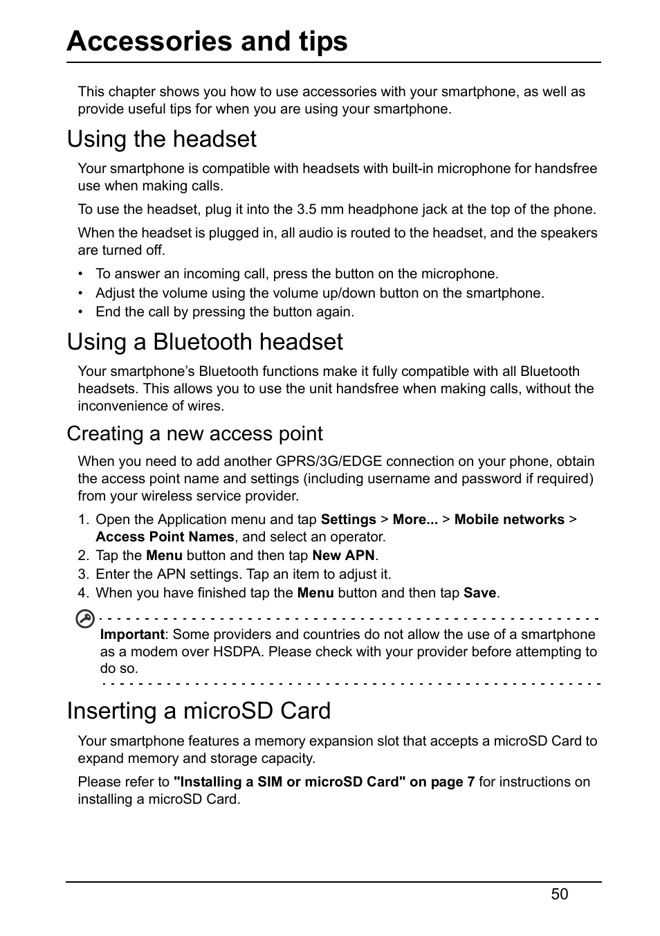 Accessories and tips, Using the headset, Using a bluetooth headset | Creating a new access point, Inserting a microsd card | Acer S510 User Manual | Page 50 / 69