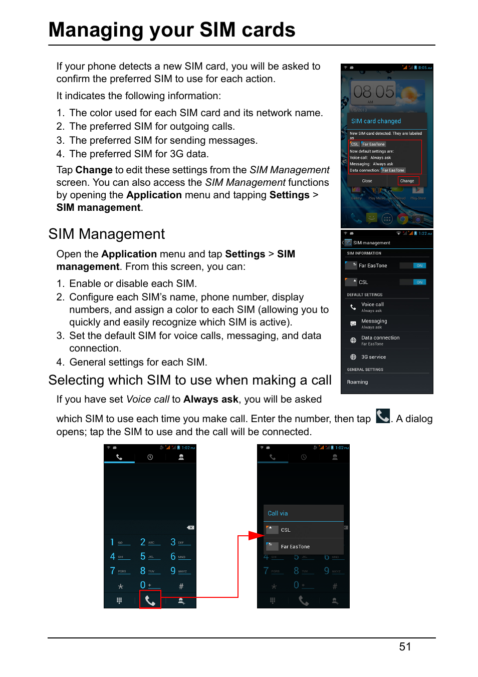 Managing your sim cards, Sim management, Selecting which sim to use when making a call | Acer S510 User Manual | Page 51 / 69