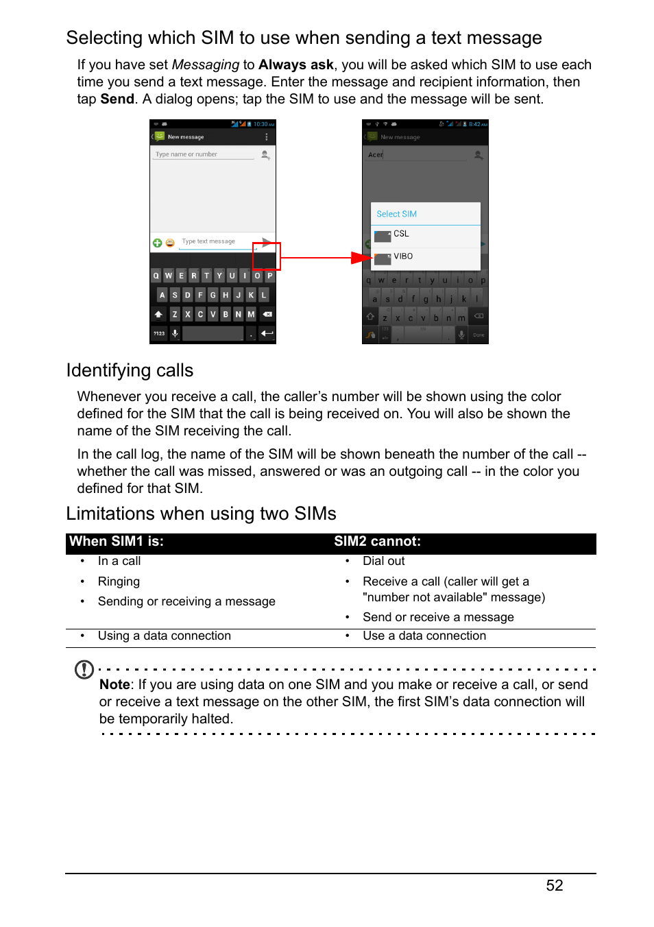 Identifying calls, Limitations when using two sims | Acer S510 User Manual | Page 52 / 69