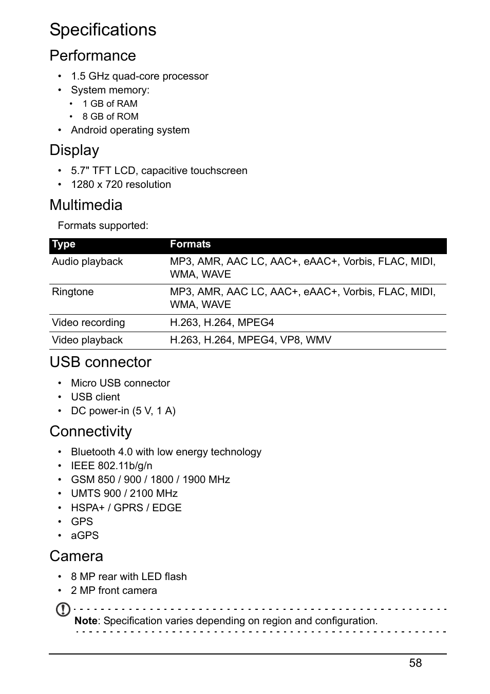 Specifications, Performance, Display | Multimedia, Usb connector, Connectivity, Camera | Acer S510 User Manual | Page 58 / 69