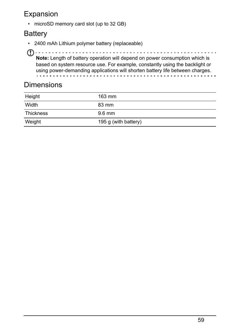 Expansion, Battery, Dimensions | Acer S510 User Manual | Page 59 / 69