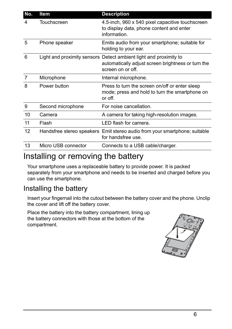 Installing or removing the battery, Installing the battery | Acer S510 User Manual | Page 6 / 69