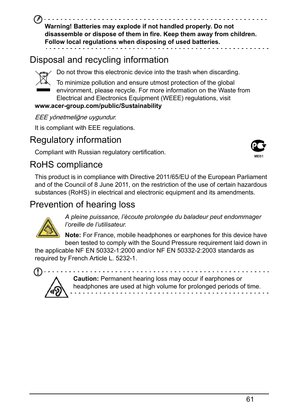 Disposal and recycling information, Regulatory information, Rohs compliance | Prevention of hearing loss | Acer S510 User Manual | Page 61 / 69